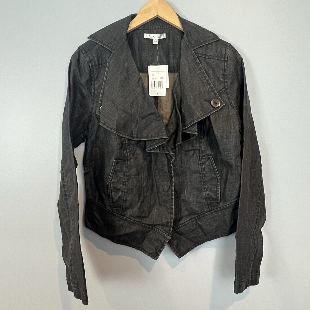 Cabi Jacket Womens Medium Black Waxed Linen Moto Rocker Goth Style 901 NWT